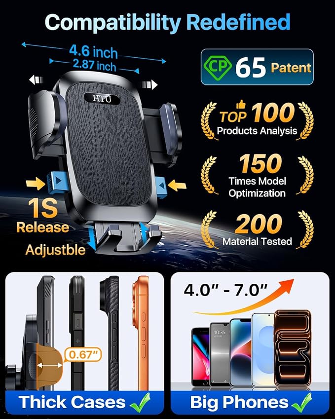 HTU Car Phone Holder【2026 Upgraded 100+LBS Suction & Safety Cert】 Cell Phone Car Mount for Truck Heavy Duty Phone Holder for Dashboard/Windshield/Vent for iPhone 17 16 Pro Max, Jet Black