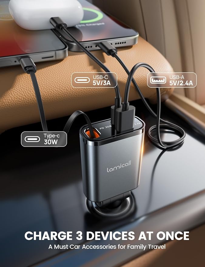Lamicall Car Charger USB C for iPhone 17 16 15 Fast Charging [60% More Compact] 57w Type C Retractable Car Charger Fit Samsung Galaxy S25 S24 Ultra Pixel Android, Car Accessories Gifts for Men Women