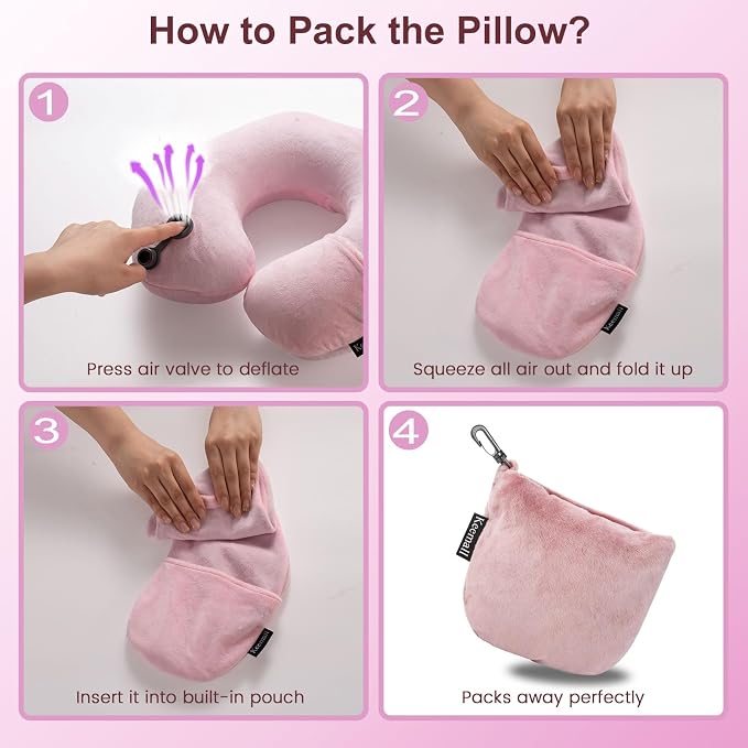 Keemall Inflatable Neck Pillow,Inflatable Travel Pillow Premium Pink U-Shaped with Soft Washable Cover, Compact Portable Airplane Travel Essentials for Flight, Car and Office, Travel Gift for Women