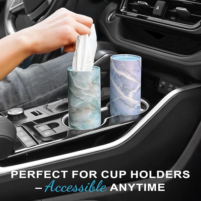 Car Tissue Holder (4 PK) - 50 3-Ply Tissues Cylinder, Fits Car Cup Holders, Portable Travel Tubes Box Container, Marble Design, Round Tissue Container for Car Accessories