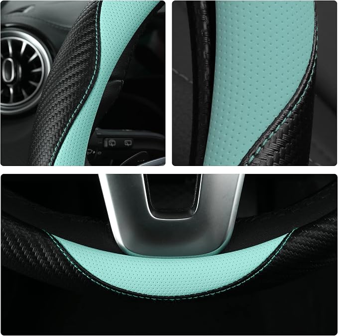 HighnessHwoo Car Steering Wheel Covers for Women Girl Padded Carbon Fiber PU Leather Cute Cartoon Auto Interior Accessories for Jeep, Truck, Universal, Anti Slip, Green, Large Size, 15.2-16in