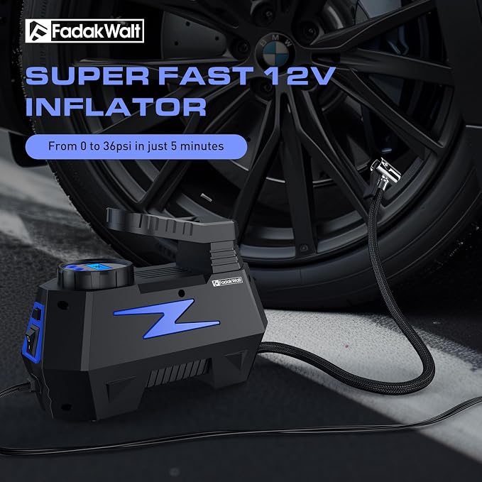 FADAKWALT Tire Inflator Portable Air Compressor, 12V DC Car Air Pump with Auto Shutoff, 150 PSI Digital Gauge, LED Light, Metal Valve Connector, Accessories for Cars, Blue