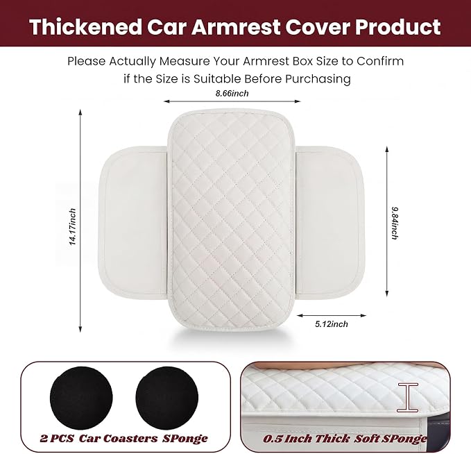 Car Middle Center Console Cover with 2 Storage, Universal Microfiber Leather Car Armrest Cover Cushion for for Most Vehicles, Memory Foam Comfort Stylish Leather Scratch-Resistant, Thickened（White)