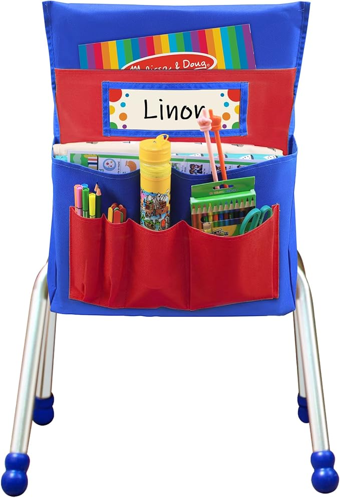 Chair Pockets for Classrooms, 15.7" × 18.9" – 6 Pockets Chairback Storage Organizer with Name Tag Window, Student Desk & Seat-Back Management for Books, Folders & School Supplies, Red+Blue