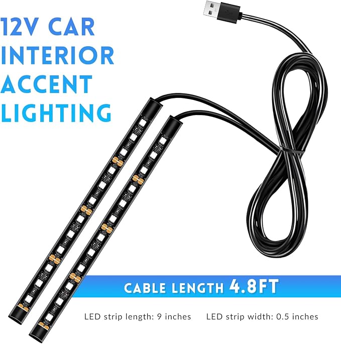Car LED Strip Light, 12V 24 LEDs RGB Car Interior Atmosphere Lamp with USB Port, Vehicle Under Dash Floor Ambient Night Decorative Lighting Kit (Red)