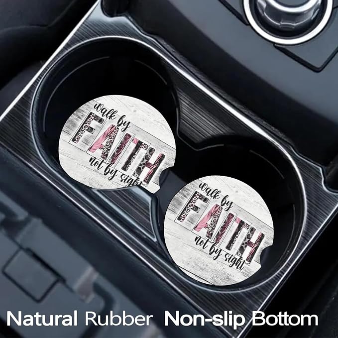 2 Pack Christian Car Cup Holder Coasters Universal Neoprene Coasters | 2.75" Universal Size Anti Slip Rubber Mat, Auto Cup Holder Accessories for SUV Truck, Walk by Faith Gifts for Women Men