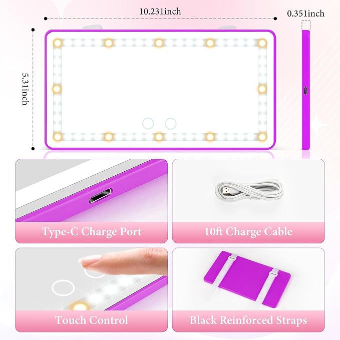 SINGARO 2PCS Car Sun Visor Vanity Mirror - Rechargeable Makeup Mirror with 60 LEDs, 3 Light Modes & Dimmable Touch Control for Cars, Trucks, SUVs, Car Interior Accessories for Women (Purple)
