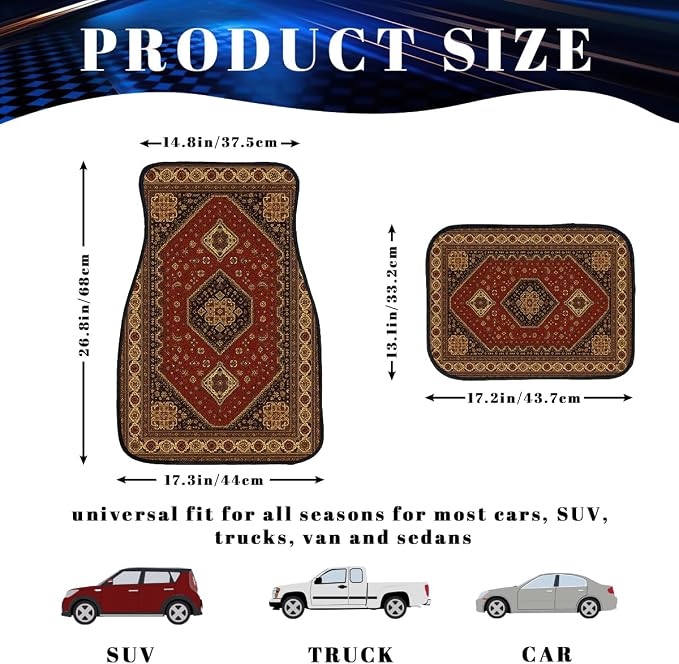 Carpet Car Floor Mats Set of 4 Red Brown Geometric Rug Automotive Foot Mats Rugs Carpet for Car Non-Slip Auto Car Accessories Universal Fit for Car SUV Truck Van