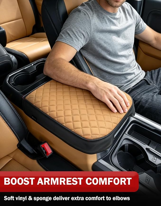 KBH Center Console Armrest Cover for F250-F550 Super Duty 2023-2026, Bucket Seat, Vinyl Leather Interior Trim, Arm Rest Lid Cushion Rrotector, Anti-Scratch, Carmelo Brown