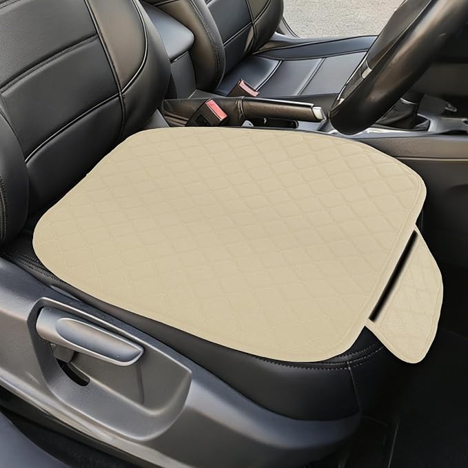 Leather Front Car Seat Cover, Anti-Slip Car Seat Bottom Covers, Full Wrapped Bottom Seat Protectors with Storage Pocket, Universal Comfortable Seat Cushion Fit Vehicles SUVs Trucks (K2-Beige)