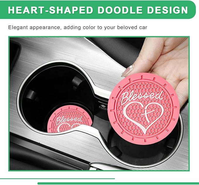 2 PCS Car Cup Holder Coaster, 2.76 Inch Non-Slip Auto Drink Mats with Blessed Cross and Heart, Shockproof Christian Cup Insert Coaster for Most Vehicles, Car Accessories (Pink)