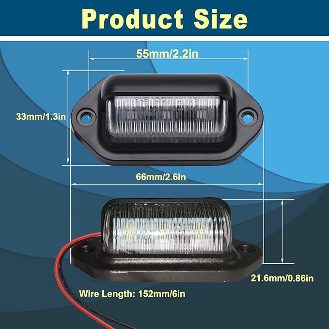 2PCS Blue LED License Plate Light, 12V-24V DC Waterproof 6-SMD License Plate Lamp Taillight, Universal for Truck SUV Trailer Van RV Boats as Step Courtesy Light, Dome/Cargo Lights or Under Hood Lights