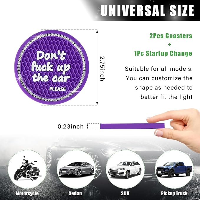 Ziciner 2 Pack Bling Car Cup Holder Coaster, 2.75 Inch Anti-Slip Auto Insert Cup Coaster, Crystal Car Drink Cup Mat Perfect for Women Girls, Universal Interior Decor Accessories (Dark Purple)