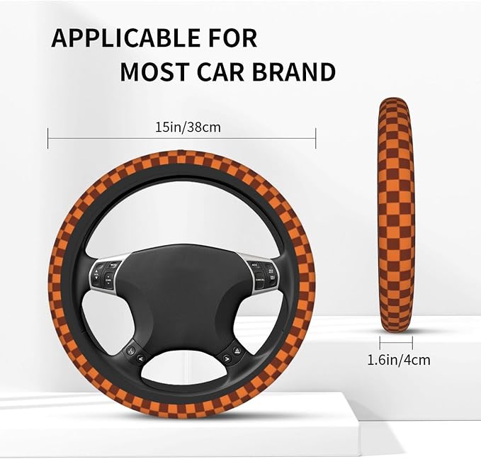 Checkered Brown Steering Wheel Cover - Brown Checkered Steering Wheel Cover Anti-Slip Breathable for 15 in Universal 2 Pcs Car Interior Cup Holder Pad for Men Women