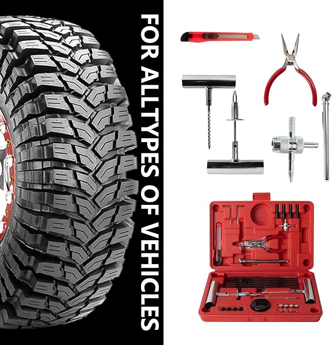 68Pcs Tire Repair Kit, Heavy Duty Professional Tire Plug Kit for Cars, Trucks, Motorcycles, RV, SUV, ATVs, Tractor, Trailer, Tubeless Flat Tyre Fix Tools Set with Storage Case