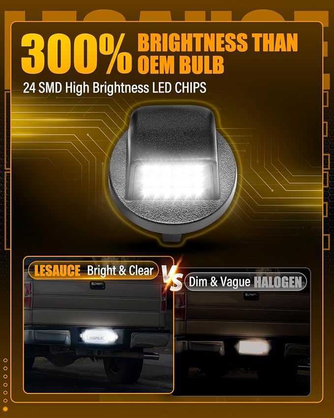 LESAUCE LED License Plate Lights Fit for Ford F150 F250 F350 Super Duty Ranger Explorer Bronco Excursion Expedition, 6500K White, 24PCS LED Chips, Tag Lamp Assembly Replacement, Pack of 2