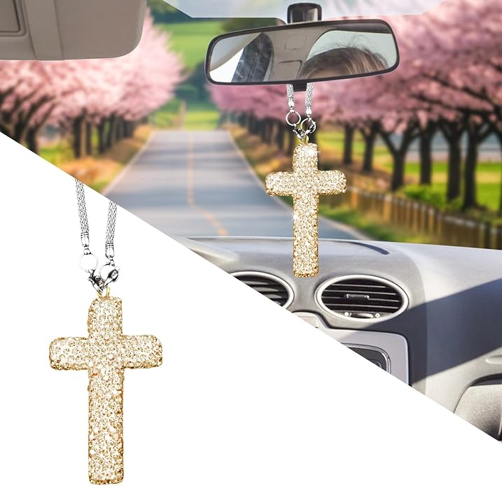 Bling Car Rear View Mirror Accessories Hanging Pendant,Cross Crystal Rhinestone For Car Mirror Hanging,Double-Sided Cross Diamond Religious,Interior Men Women Car Accessories