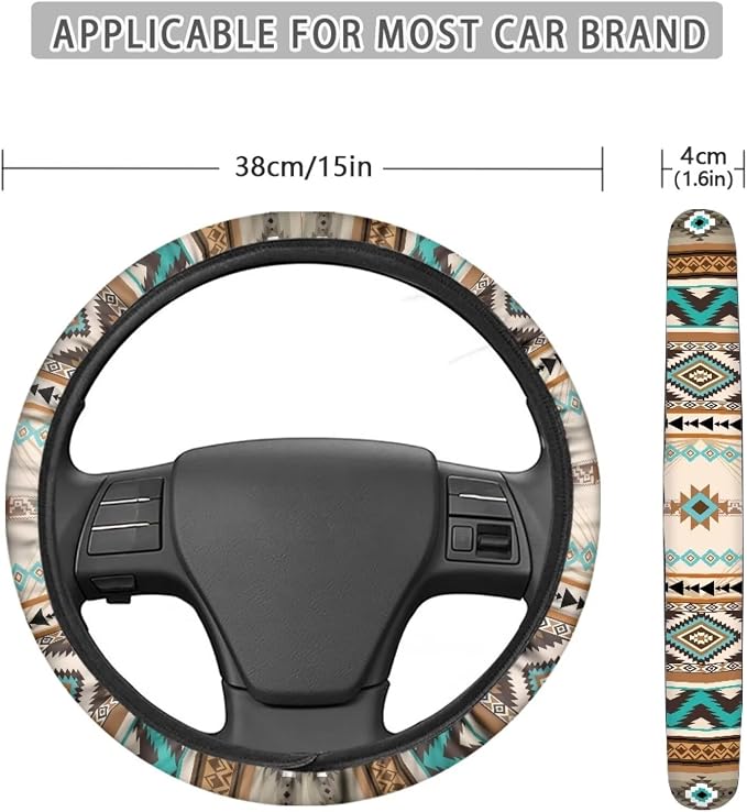 Wanyint Southwest Aztec Beige Blue Car Steering Wheel Cover Universal 15 Inch Auto Accessories Car Interior Decoration for Women Men Fit SUV Sedans Vans Trucks