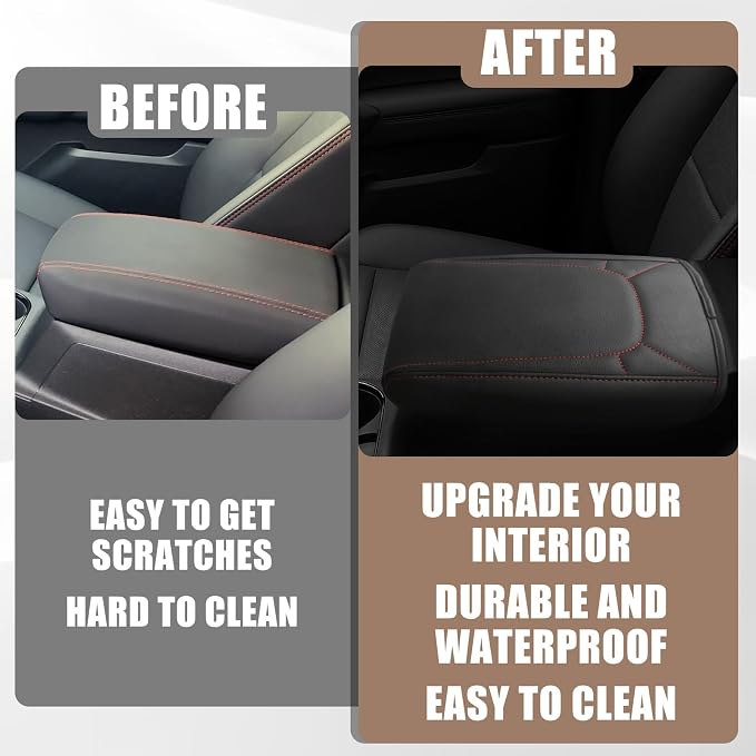 Muslogy Center Console Armrest Cover Fit for Chevy Colorado/GMC Canyon 2023-2025 2026 Accessories, Comfort Armrest Pad Console Lid Cushion Vegan Leather Regular Thick(Red Trim)