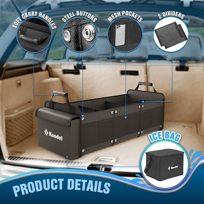 K KNODEL Extra Large 4-in-1 Trunk Organizer with Cooler for Car (Black) | Car Organizers and Storage for Groceries and Insulated, Cargo Organizer for Suv, Van and Sedan, Car Bin, Bag, Basket