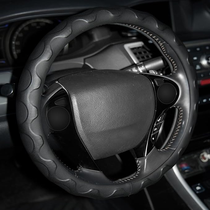 Steering Wheel Cover with Anti-Slip Leather Grip Compatible with Ford, Toyota, Honda, Nissan, and Chevrolet Vehicles for 14.5-15.35 inch Round Steering Wheels Universal Car Accessories
