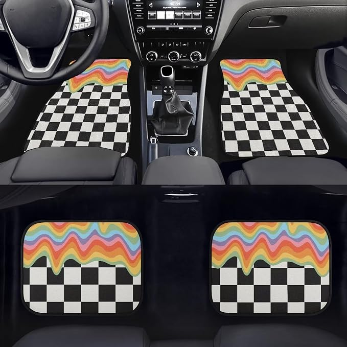 Rainbow Black White Plaid Print Car Floor Mats Set of 4 Checkered Universal Vehicle Floor Carpet Decorative Auto Front Rear Foot Rugs for Trucks SUV Sedan