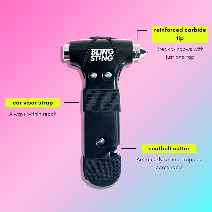 BLINGSTING Glammer Safety Hammer - Emergency Automotive Escape Hammer Tool, Seat Belt Cutter & Car Window Break Tool - White & Black, 2 Count
