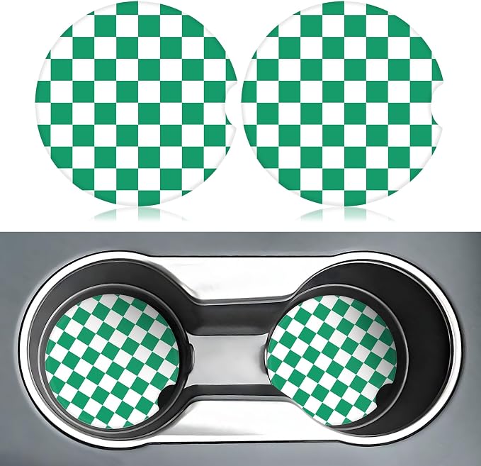 Green and White Checkered Car Coasters for Cup Holders,2 Pack Car Cup Holder Coasters for Car,Ceramic Absorbent Car Coaster with A Finger Notch and Cork Base,Car Interior Accessories for Women Men