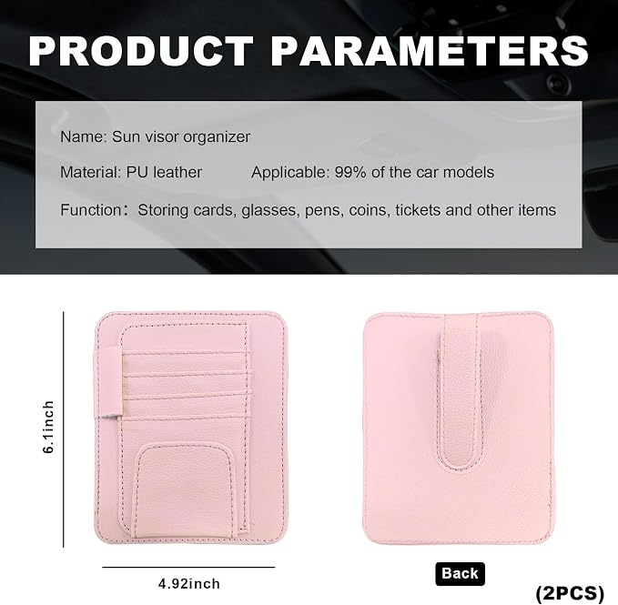 Dickno 2PCS Small Leather Car Sun Visor Organizer, Multifunctional Auto Visor Document Holder with Sunglasses Clip, Universal Car Interior Organizer for Drving License, Card, Pen (Pink)