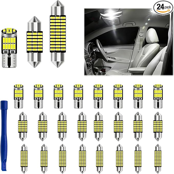 24PCS Car LED Interior Light Kit, T10 31mm 41mm LED Dome Light Bulb Set Replacement for Map License Plate Door Side Marker Cornering and Trunk Interior Lighting, Fits Most Cars and SUVs(White)