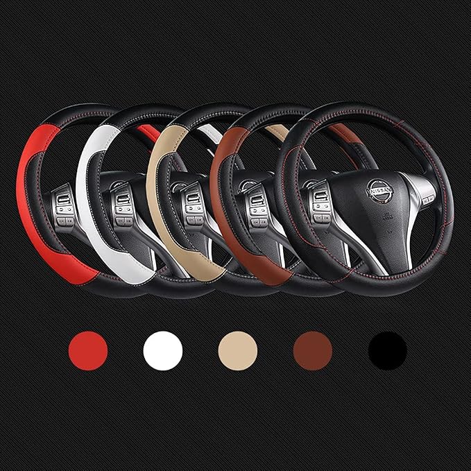 Leather Car Steering Wheel Cover, Non-Slip Car Wheel Cover Protector Breathable Microfiber Leather Universal Fit for Most Cars(Brown)