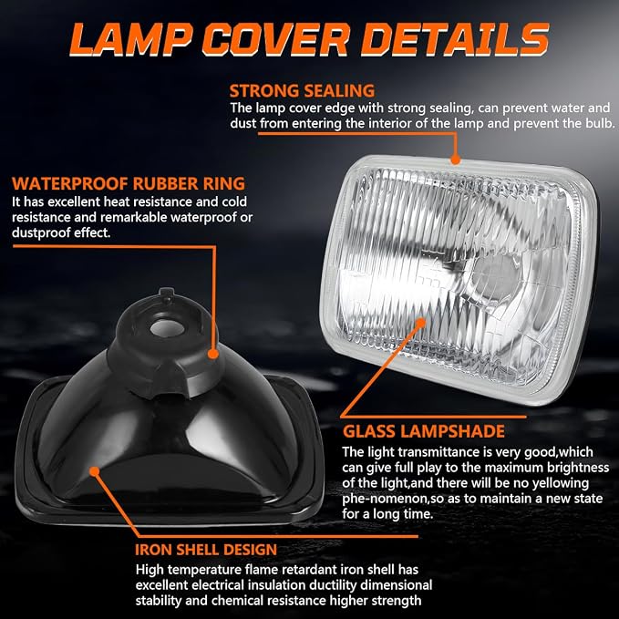 7X6 Inch H6054 Glass Square Headlight Housing + H4/9003 High Low Beam Bulbs for Cars,Truck and Van,Halogen Sealed High Low Dual Beam,OEM Style Original Classic Look Conversion Assembly Pair Kit