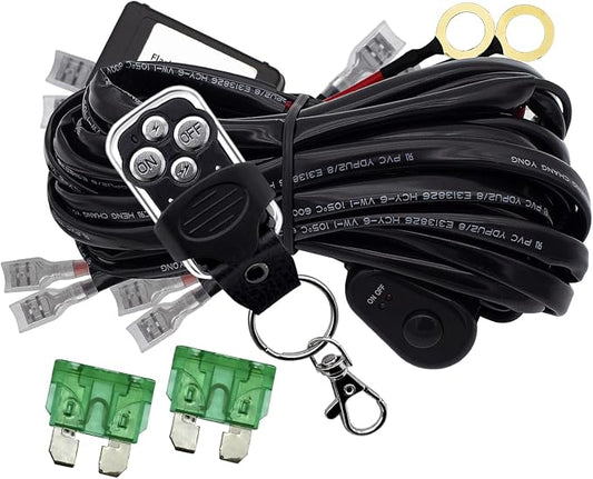 LED Lights Bar Remote Control Wiring Harness Kit 4 Leads DC12V On-Off Switch Power Relay Blade Fuse 14AWG Core Cable Wiring Harness Kit fit for LED Driving Lights Bar Work Auxiliary Lights