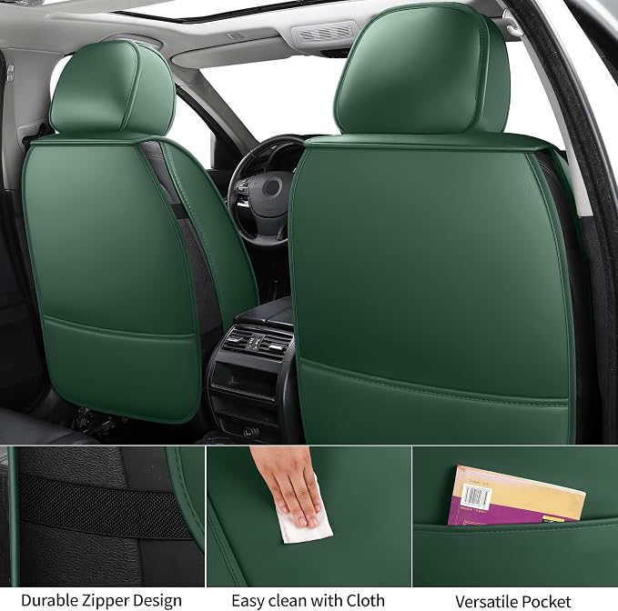 Green Thick Nappa Leather Automotive Front Car Seat Covers Set of 2 | Univerasal Precision Fit,Lumbar Support,3D Contoured,Semi Coverage,Waterproof,ThickTexture,for most Suvs Trucks Sedans