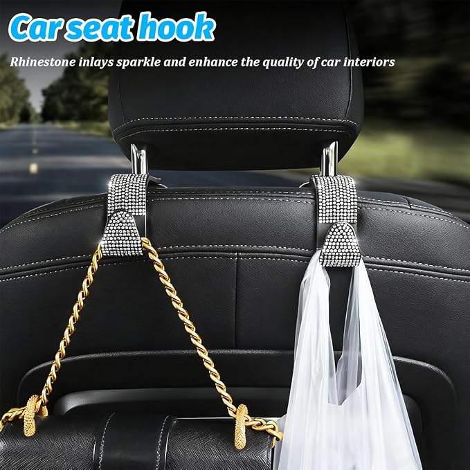 Zpana 4PCS Bling Car Seat Headrest Hooks, Vehicle Back Seat Purse Handbag Hanging Holder with Crystal Rhinestone, Diamond Storage Organizer Hook, Universal Automotive Accessories (Black/AB)