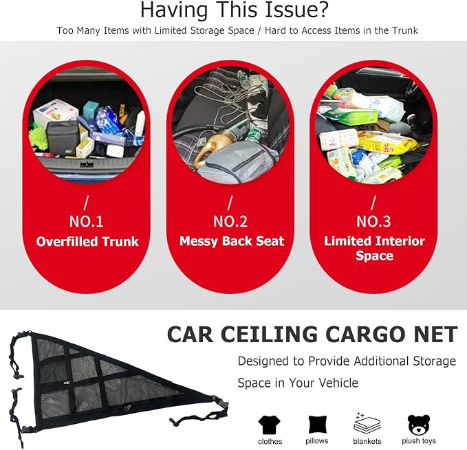 Car Ceiling Cargo Net for Honda Accord Sedan 4-Door 2008-2012 | Interior Overhead Cargo Net Adjustable Road Trip Space Saver Accessory