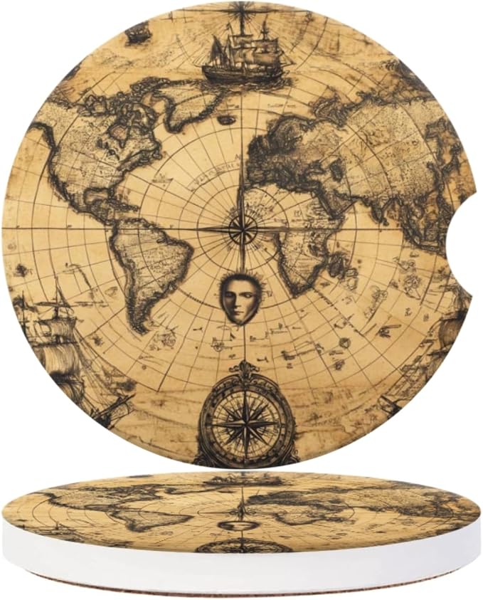 Cup Holder for Car,Rustic Ancient World Map Print Ceramic Coasters Non-Slip Cup Holder Insert with Fingertip Grip, Auto Interior Accessories for Women & Men,Pack of 2, 2.56In