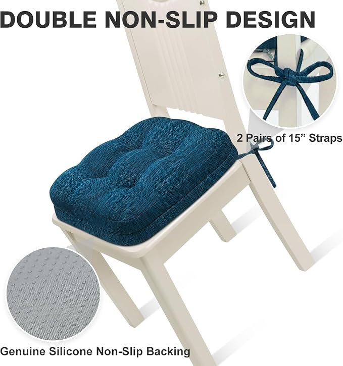 Shinnwa Dining Chair Cushions Set of 4, Dual-Layer Memory Foam Kitchen Chair Cushions, Patented Design Seat Pads with Ties, 16.5 x 16.5 x 3.5in, 4 Pack, Navy Blue