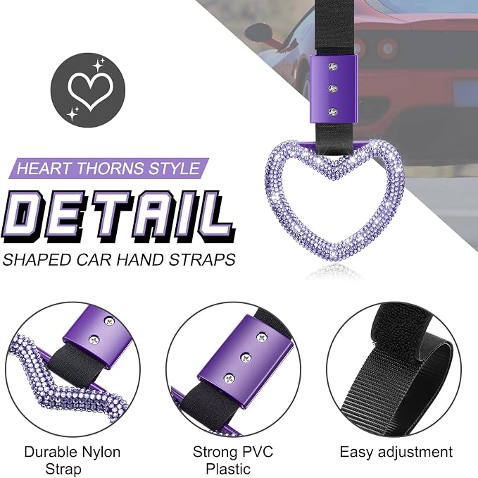 Fabbay Bling Car Accessories Bling Heart Handle Ring Car Accessory for Women Hearts Strap Drift Charm Rear Bumper Warning Ring Decoration for Auto Bus Interior Exterior (Light Purple,Heart Style)