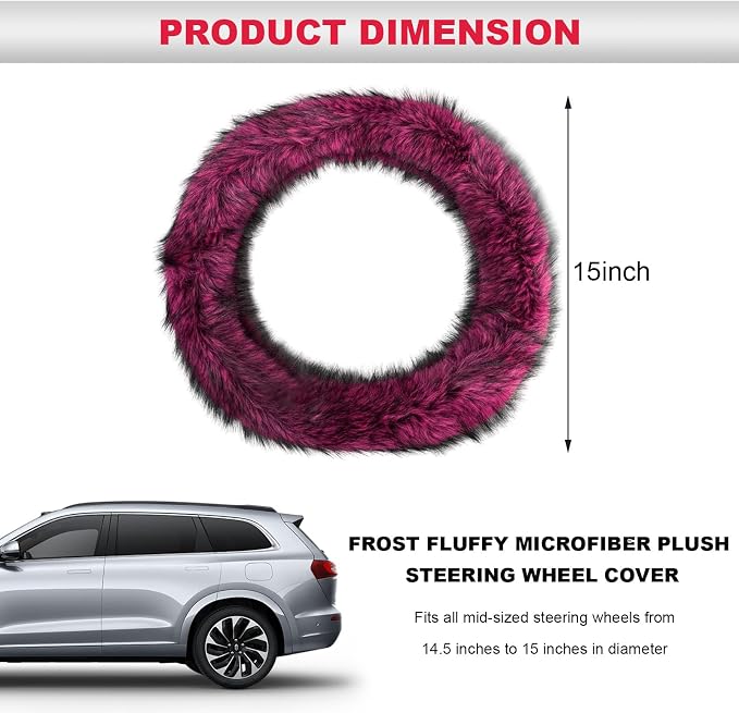 Fluffy Steering Wheel Cover, 15 Inch Anti-Slip Microfiber Plush Fuzzy Steering Wheel Cover, Winter Warm Elastic Fuzzy Steering Wheel Covers for Women and Men, Car Accessories (Rose Red)