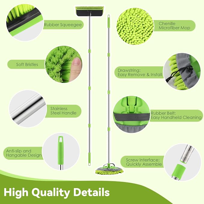 2 Pack Car Wash Brush with 62" Long Handle for Exterior Truck, RV, Boat | Microfiber Car Wash Mop and Car Washing Brush Combo, Soft Bristle Cleaning Brush, Rubber Squeegee, Car Cleaning Kit for Home