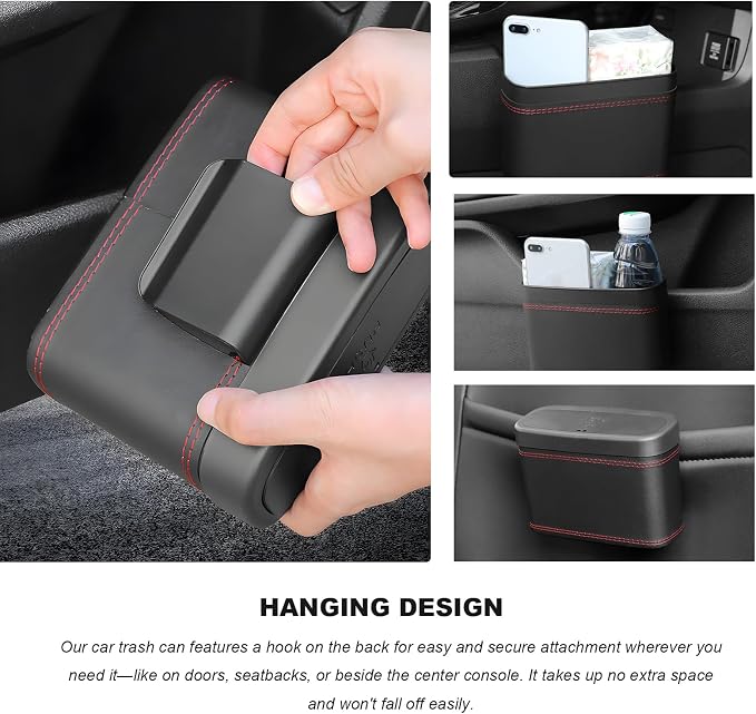 Car Trash Can with Lid, Leather Auto Dustbin Hanging Organizer with Mounting Clip, Multi-Purpose Leakproof Vehicle Garbage Bin Storage Container for Cars SUVs RVs (Beige)