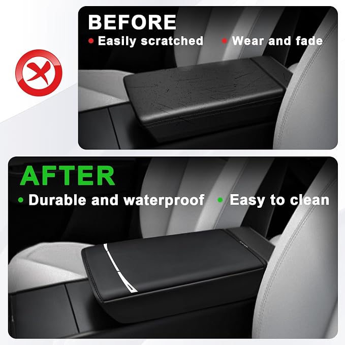 Muslogy Center Console Armrest Cover Fit for Tesla Model Y Refresh 2026 Accessories, Comfort Armrest Pad Console Lid Cushion Vegan Leather Regular Thick (Black)