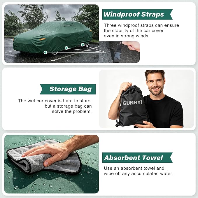 GUNHYI Coupe Car Cover Waterproof All Weather, 16-Layer Heavy Duty Full Exterior Cover with Vents, Driver Door Zipper & Towel, Summer Sun/UV/Rain Protection, Fit Ford Mustang, Chevrolet Camaro etc.