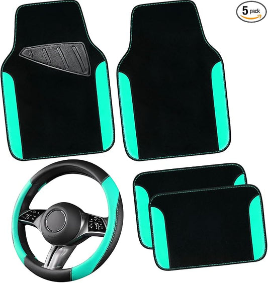 CAR PASS Faux Leather Steering Wheel Cover and Waterproof Car Floor Mats,Universal Car Combo Fit for 95% Sedan,SUV,Cars,14.5-15inch Sporty Anti-Slip Safety Comfortable Design(Black＆Mint)