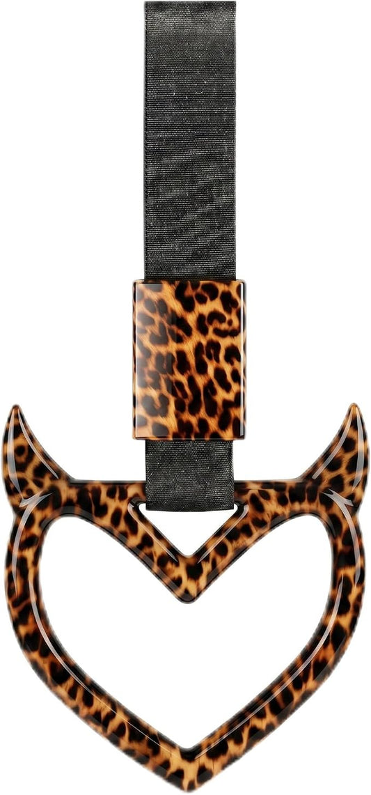 Fabbay Bling Car Accessories Bling Heart Handle Ring Car Accessory for Women Hearts Hand Strap Drift Charm Rear Bumper Warning Ring Decor for Auto Interior Exterior Decoration (Leopard,Devil Style)