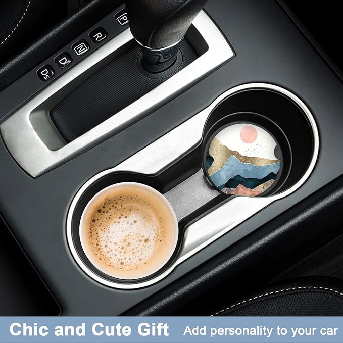 Nipichsha Car Coasters for Cup Holders, 2 Pack Absorbent Ceramic Car Cup Holder Coaster for Drinks, Cute Auto Assecories for Women Men, Size 2.56 in with Finger Notch & Cork Base, Watercolor Sunrise
