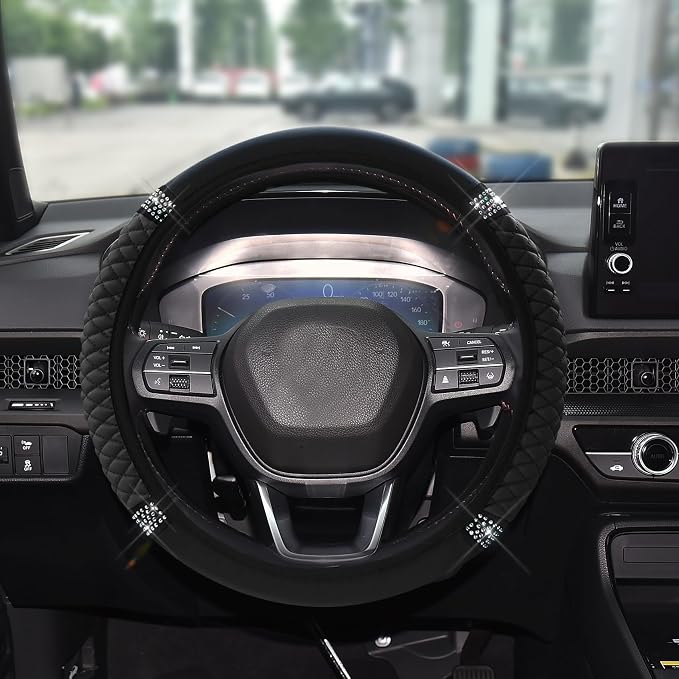 Bling Soft Leather Steering Wheel Cover, 15 Inch Colorful Rhinestones Auto Elastic Steering Wheel Protector for Women Girls, Car Accessories Anti Slip Steering Wheel Cover for Cars, SUVs (Black)