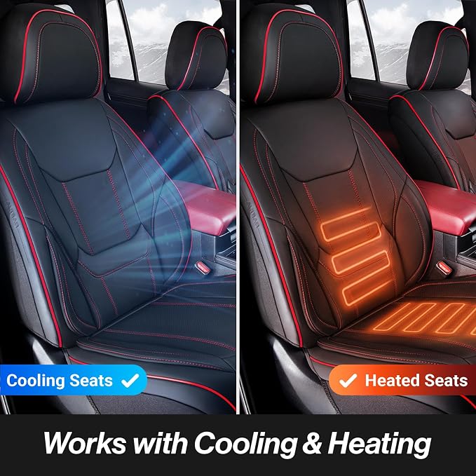 Coverland Custom Truck Car Seat Covers Front Seats for [2020-2026 Jeep Gladiator Crew Cab Split Bench Without Armrest] - Protector Water Resistant Leather [Front - Black with Red Stitching]