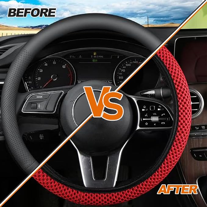 Car Elastic Stretch Steering Wheel Cover, Universal 15" Automotive Steering Wheel Protector, Microfiber Ice Silk, Breathable, Anti-Slip, Easy Carry, Car Accessories for Cars/SUVs/Vans/Truck (Red)